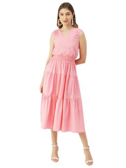 Moomaya - Smocked Waist Midi Solid Cotton Dress
