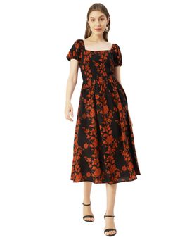 Moomaya - Puff Sleeve Midi Printed Viscose Dress