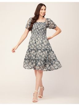 Moomaya - Knee Length Smocked Printed Dress