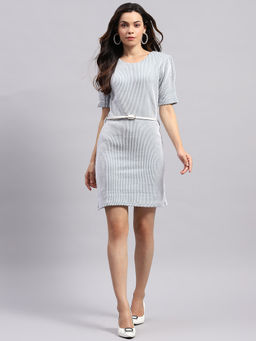 Monte Carlo - Womens White Striped Round Neck Half Sleeve Dress