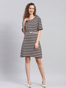 Monte Carlo - Womens Maroon Striped Round Neck 3/4th Sleeve Dress