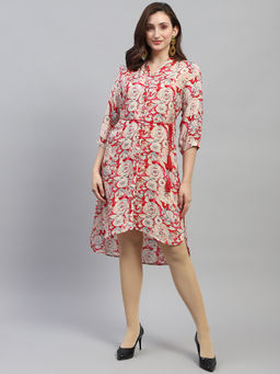 Monte Carlo - Womens Red Floral Print V Neck 3/4th Sleeve Dress