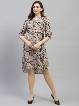 Monte Carlo - Womens Black Floral Print V Neck 3/4th Sleeve Dress