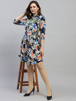 Monte Carlo - Womens Navy Blue Floral Print Collared Neck 3/4th Sleeve Dress