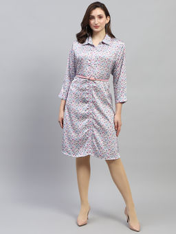 Monte Carlo - Womens Floral Print Collared Neck 3/4th Sleeve Dress with Belt