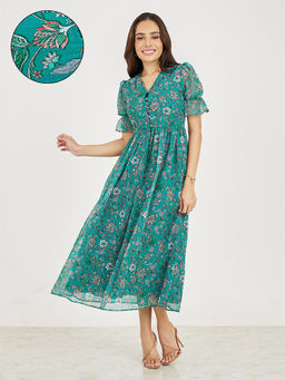 Styli - Women Blue Floral Print V Neck A-Line Maxi Dress