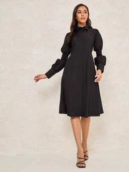 Styli - Women Black Solid Shirt Midi Dress with Long Sleeve