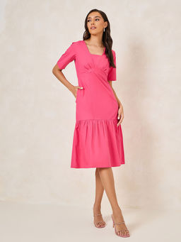Styli - Women Dark Pink Cotton Poplin Midi Dress with Short Sleeves