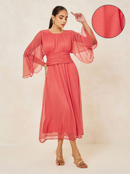 Styli - Women Pink A-Line Maxi Dress with Waist Detailing