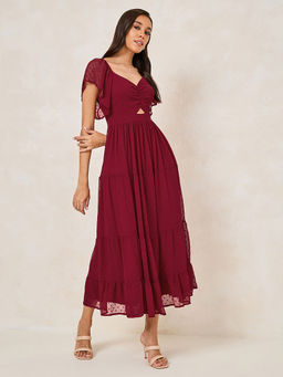 Styli - Women MaroonTiered Maxi Dress with Flutter Sleeve