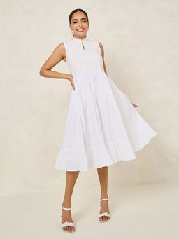 Styli - Women White Sleeveless Midi Dress with Yoke Embroidered