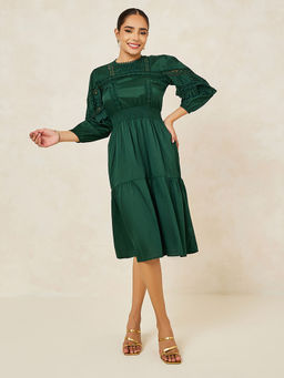 Styli - Women Dark Green Lace Inserted A-Line Midi Length Dress