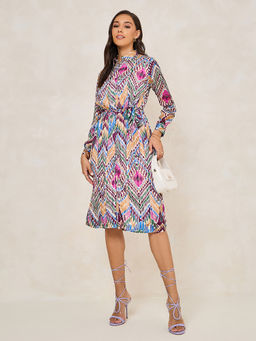 Styli - Women Mulit-Color Aztec Print Shirt Midi Dress with Tie Belt