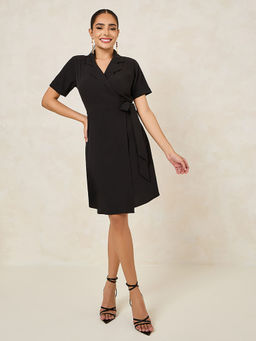 Styli - Women Black Solid Tie-Ups Blazer Knee Length Dress with Belt