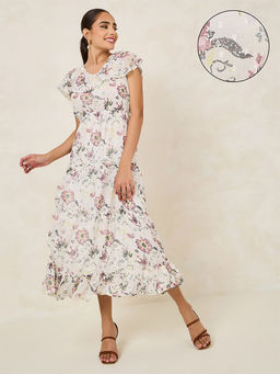 Styli - Women Off White Floral Print V-Neck Ruffle A-Line Maxi Dress