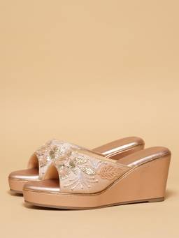 ERIDANI - Asra Rose Gold Embroidered Wedges for Women