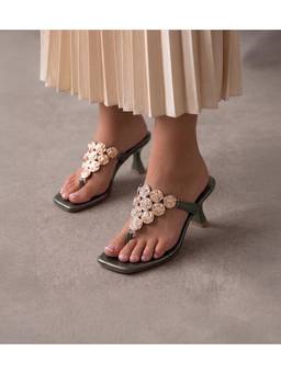 Pair ie Tales - Embellished T-Strap Statement Heels - Metallic Green