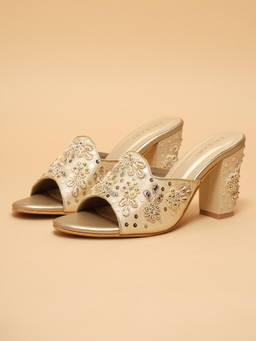 ERIDANI - Tiara Gold Embroidered Sequin Block Heels