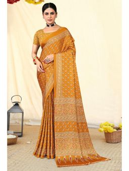 Gahan - Crepe Ajrakh Printed Mustard Saree with Unstitched Blouse