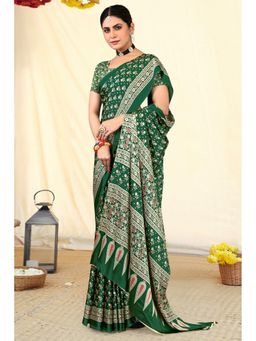 Gahan - Crepe Ajrakh Printed Green Saree with Unstitched Blouse