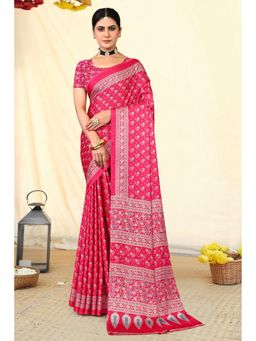 Gahan - Crepe Ajrakh Printed Pink Saree with Unstitched Blouse