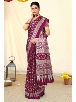 Gahan - Crepe Ajrakh Printed Wine Saree with Unstitched Blouse