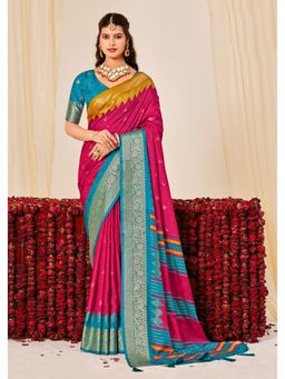 Gahan - Velvet Tussar Silk Printed Pink Saree with Unstitched Blouse