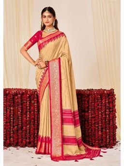 Gahan - Velvet Tussar Silk Woven Beige Saree with Unstitched Blouse