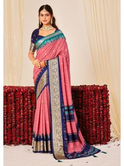 Gahan - Velvet Tussar Silk Printed Pink Saree with Unstitched Blouse