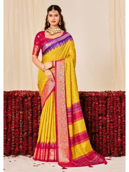 Gahan - Velvet Tussar Silk Printed Yellow Saree with Unstitched Blouse