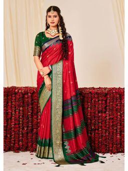 Gahan - Velvet Tussar Silk Woven Red Saree with Unstitched Blouse