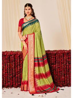 Gahan - Velvet Tussar Silk Printed Pista Green Saree with Unstitched Blouse