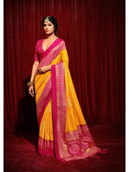 Gahan - Yellow Tusser Silk Crush Bandhani Saree with Unstitched Blouse