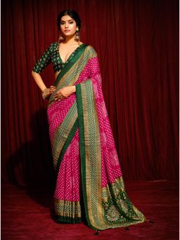 Gahan - Pink Tusser Silk Crush Bandhani Saree with Unstitched Blouse