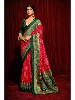 Gahan - Red Tusser Silk Crush Bandhani Saree with Unstitched Blouse