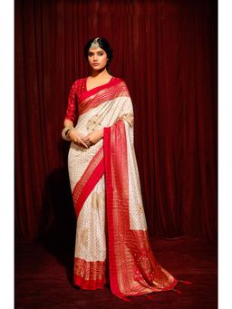 Gahan - Off White Tusser Silk Crush Bandhani Saree with Unstitched Blouse