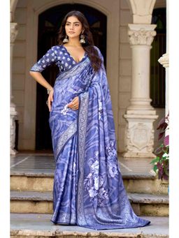 Gahan - Dusky Blue Floral Digital Print Pashmina Silk Saree with Unstitched Blouse