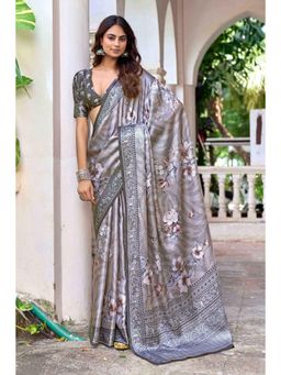Gahan - Grey Floral Digital Print Pashmina Silk Saree with Unstitched Blouse