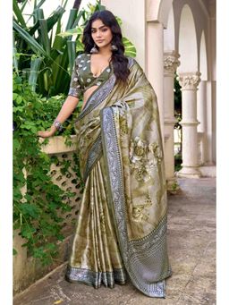 Gahan - Olive Green Floral Digital Print Pashmina Silk Saree with Unstitched Blouse