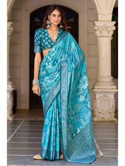 Gahan - Sky Blue Floral Digital Print Pashmina Silk Saree with Unstitched Blouse