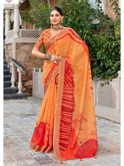 Gahan - Orange Floral Digital Print Linen Silk Saree with Unstitched Blouse