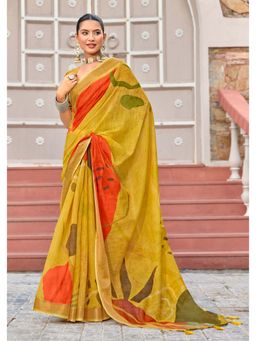 Gahan - Yellow Floral Digital Print Linen Silk Saree with Unstitched Blouse