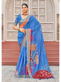 Gahan - Blue Floral Digital Print Linen Silk Saree with Unstitched Blouse