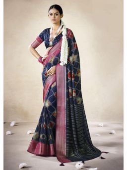 Gahan - Silk Blend Floral Print Navy Blue Saree with Unstitched Blouse