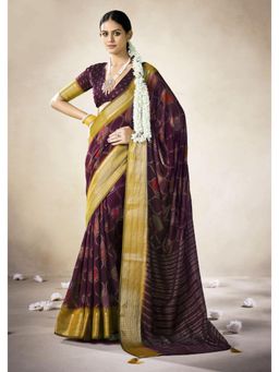 Gahan - Silk Blend Floral Print Wine Saree with Unstitched Blouse