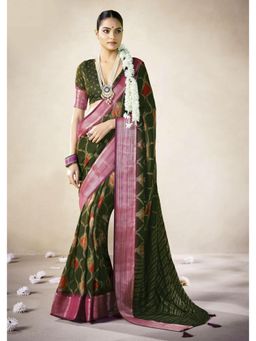 Gahan - Silk Blend Floral Print Green Saree with Unstitched Blouse