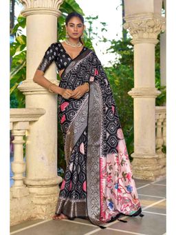 Gahan - Black & Pink Bandhani Print Silk Saree with Unstitched Blouse
