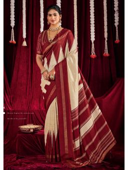 Gahan - Ikat Silk Zig Zag Printed Maroon & White Saree with Unstitched Blouse