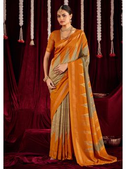 Gahan - Ikat Silk Zig Zag Printed Beige & Mustard Saree with Unstitched Blouse