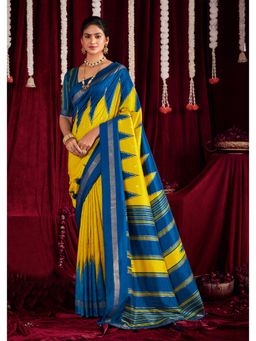 Gahan - Ikat Silk Zig Zag Printed Yellow & Blue Saree with Unstitched Blouse